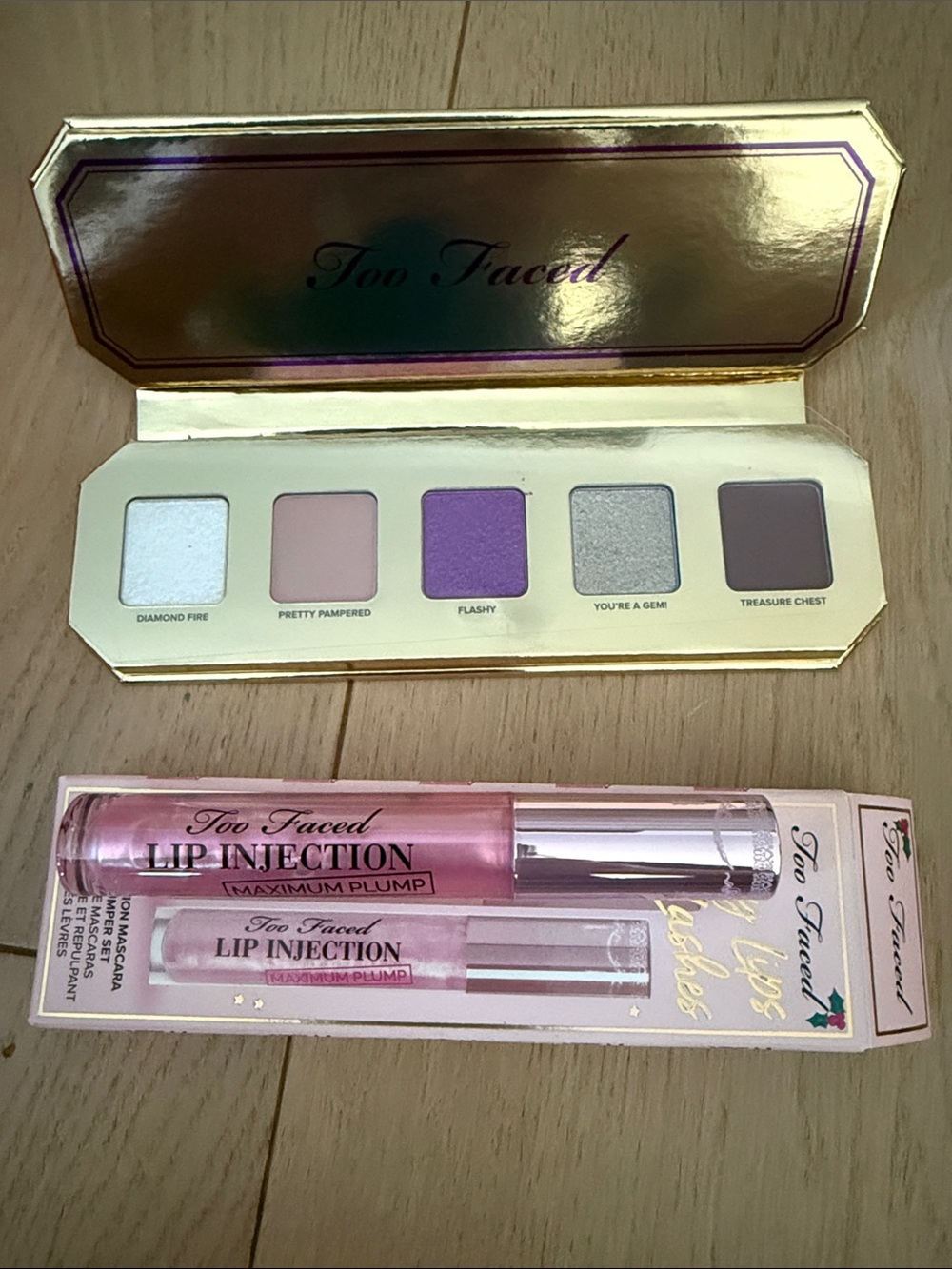 Too Faced Eyeshadow Palette & Lip Injection Gloss — Purple, Pink, Silver, White